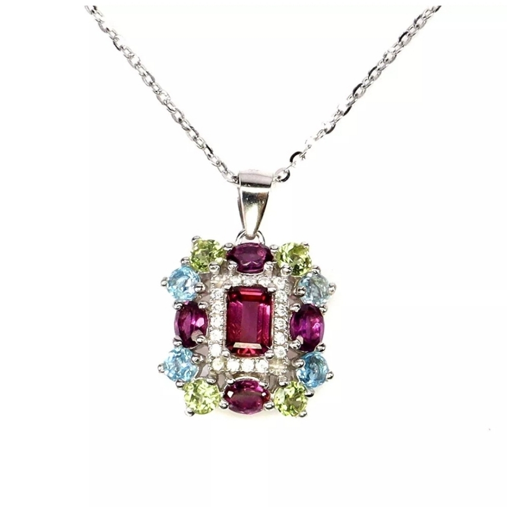 14k WG over 925 Sterling Silver Necklace Octagon Garnet Topaz Pendant Gemstone